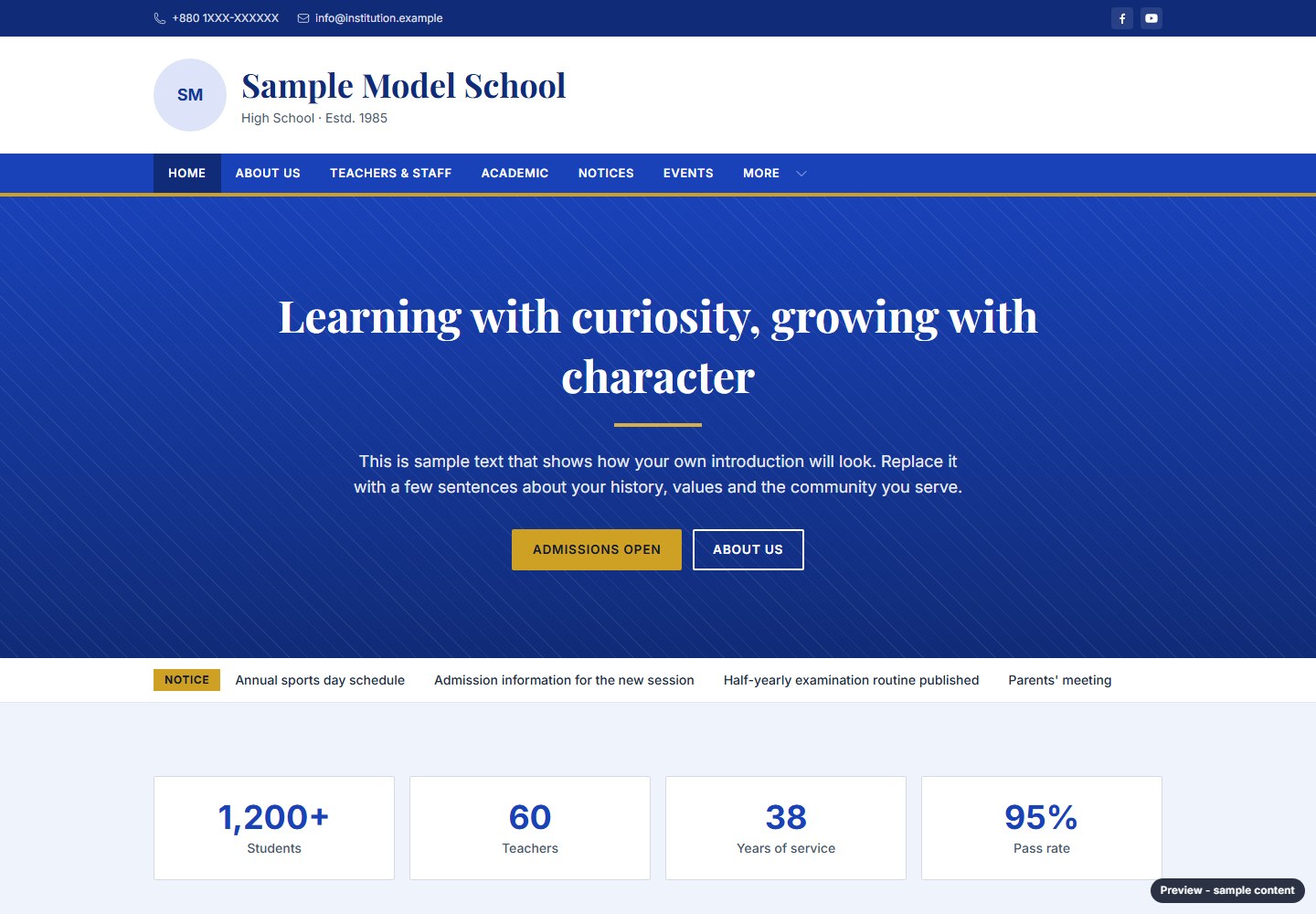 Static Classic School design with fictional sample content