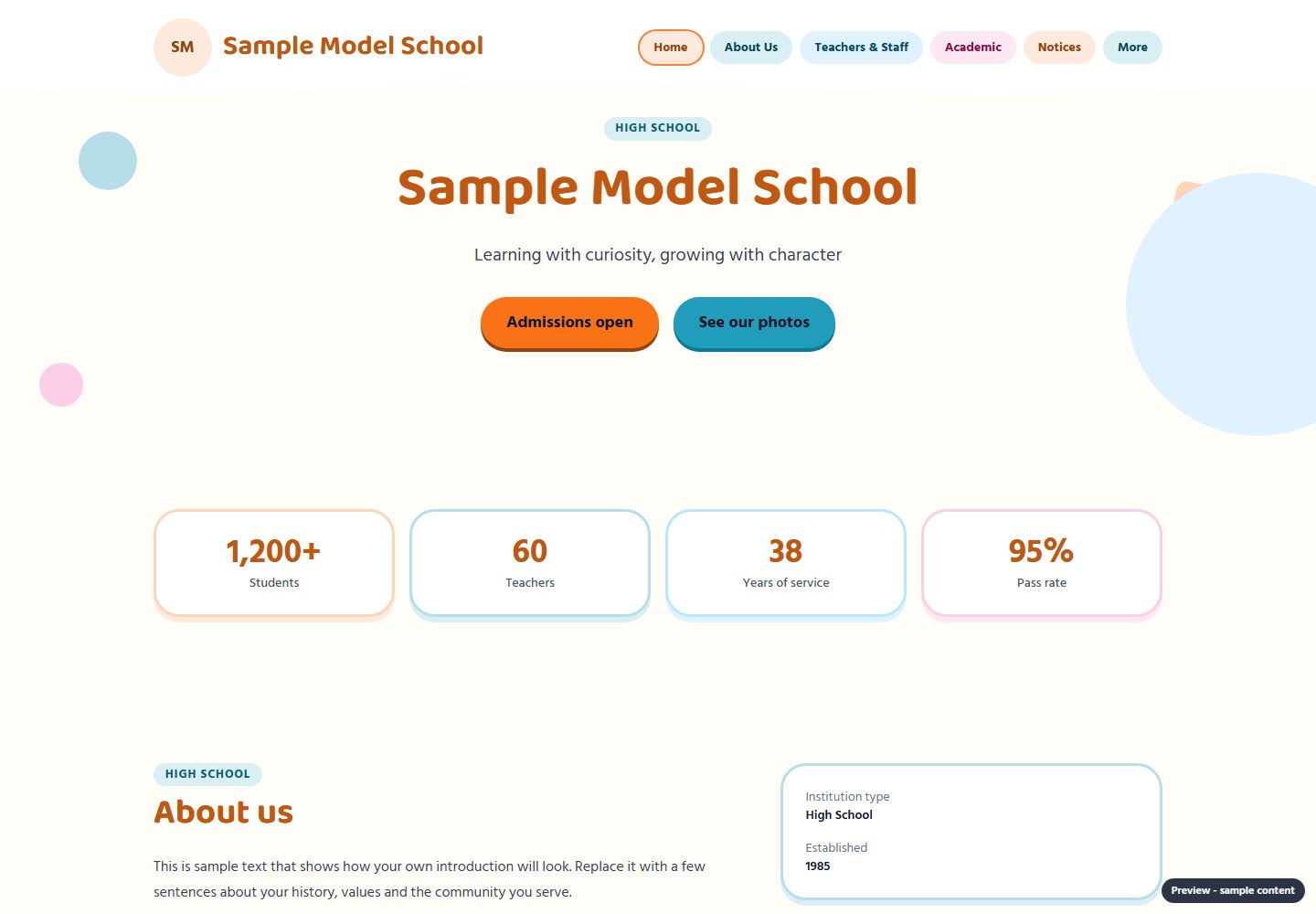 Static Kids & Kindergarten design with fictional sample content