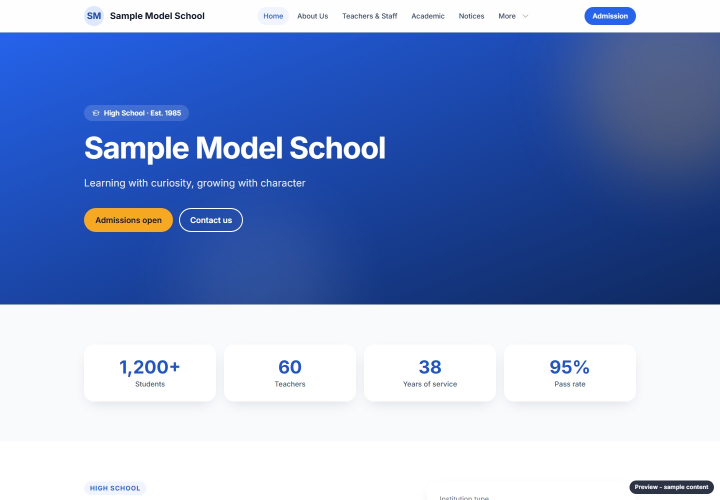 Modern Academy template with fictional sample school content