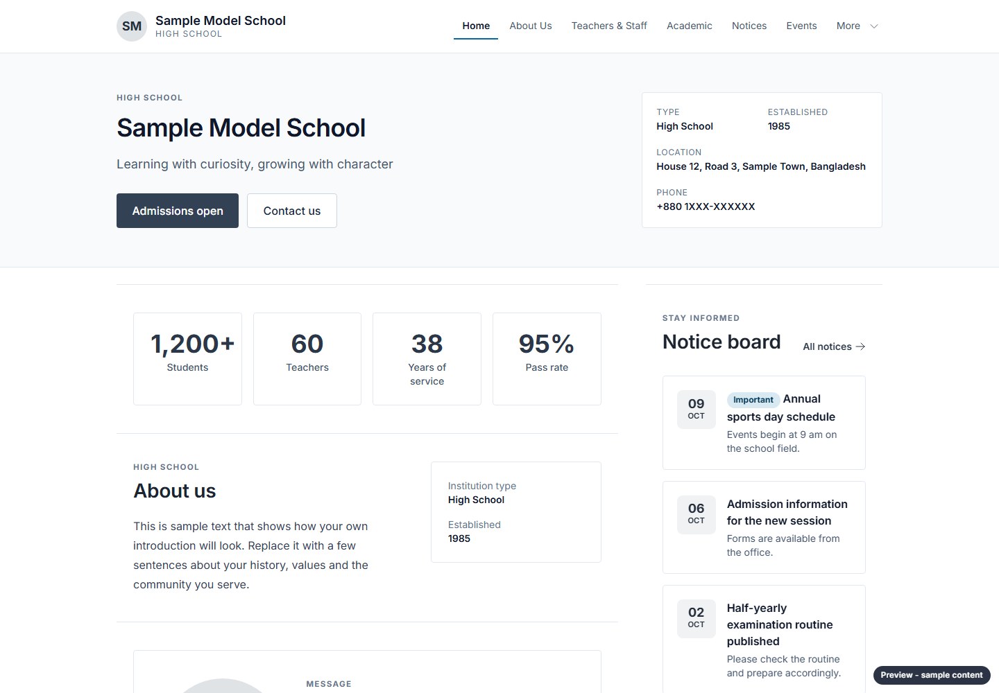 Static Professional Institution design with fictional sample content