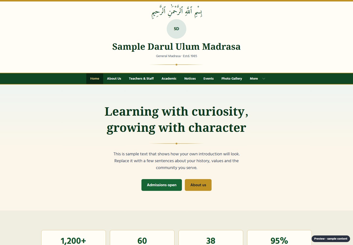 Static Traditional Madrasa design with fictional sample content